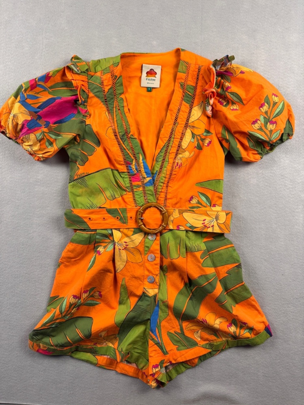 Farm Rio Orange Fresh McCaws Belted Romper Size Small Puffy Sleeve Ruffle